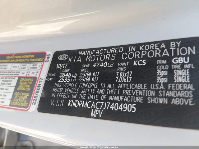 2018 Kia Sportage Lx მანქანა იყიდება აუქციონზე, vin: KNDPMCAC7J7404905, აუქციონის ნომერი: 45712529