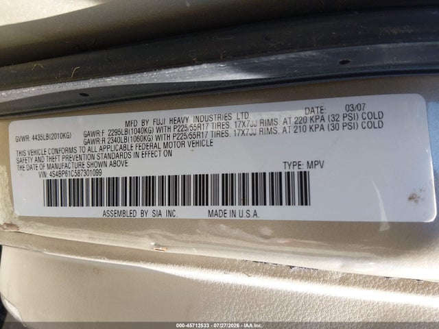 2008 Subaru Outback 2.5i/2.5i L.l. Bean Edition მანქანა იყიდება აუქციონზე, vin: 4S4BP61C587301099, აუქციონის ნომერი: 45712533