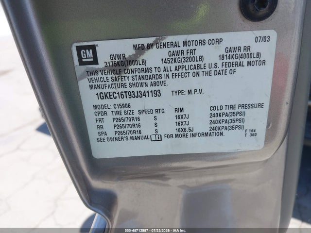 Продажа на аукционе авто 2003 Gmc Yukon Xl 1500 Sle, vin: 1GKEC16T93J341193, номер лота: 45712557