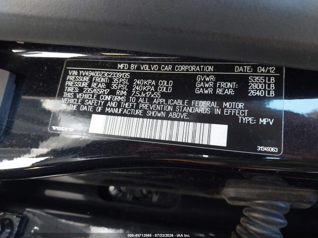 45712565 :رقم المزاد ، YV4940DZ3C2339135 vin ، 2012 Volvo Xc60 3.2/3.2 Platinum/3.2 Premier/3.2 Premier Plus مزاد بيع
