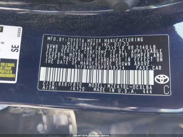 Auction sale of the 2023 Toyota Corolla Le, vin: 5YFB4MDE6PP019324, lot number: 45712579