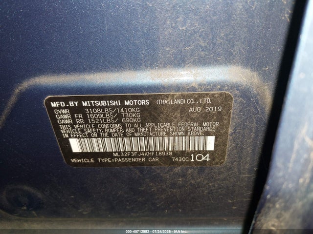 45712582 :رقم المزاد ، ML32F3FJ4KHF18938 vin ، 2019 Mitsubishi Mirage G4 Es/rf مزاد بيع