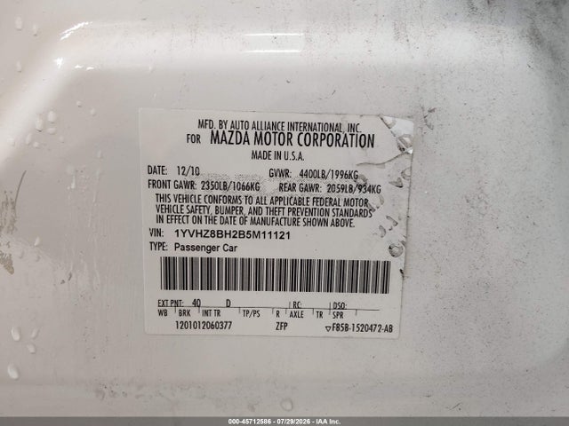 45712586 :رقم المزاد ، 1YVHZ8BH2B5M11121 vin ، 2011 Mazda Mazda6 I Sport مزاد بيع
