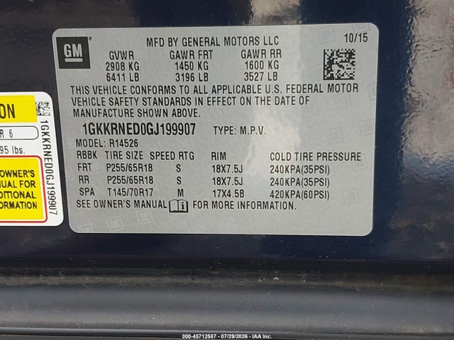 45712587 :رقم المزاد ، 1GKKRNED0GJ199907 vin ، 2016 Gmc Acadia Sle-1 مزاد بيع