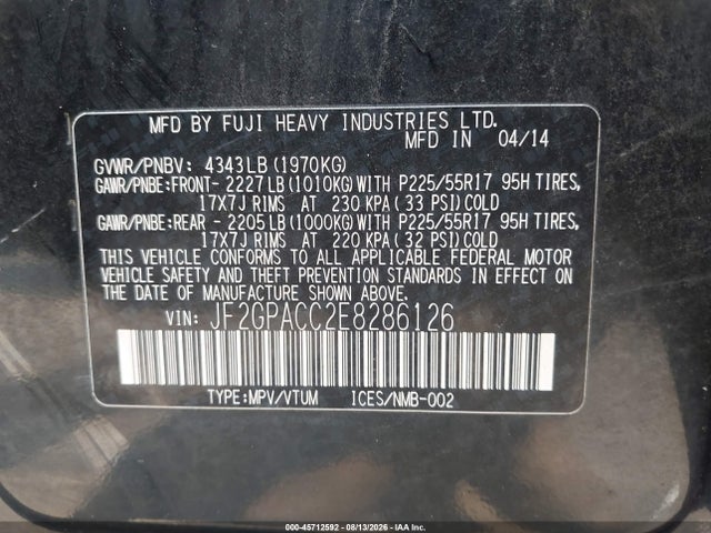 45712592 :رقم المزاد ، JF2GPACC2E8286126 vin ، 2014 Subaru Xv Crosstrek 2.0i Premium مزاد بيع