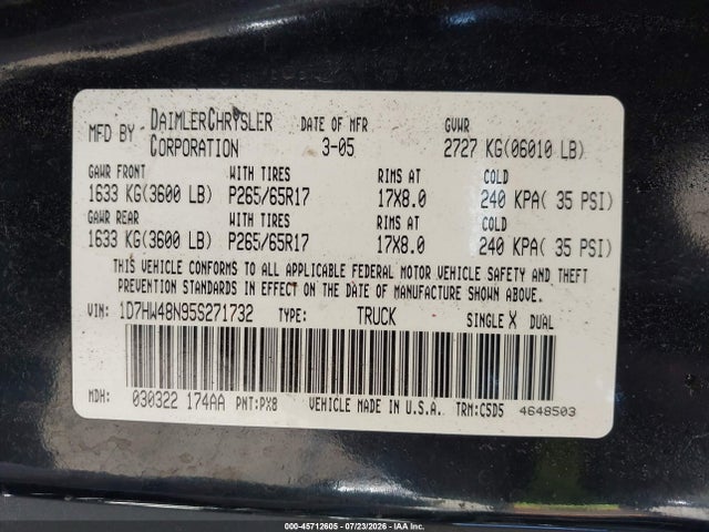 Продаж на аукціоні авто 2005 Dodge Dakota Slt, vin: 1D7HW48N95S271732, номер лоту: 45712605