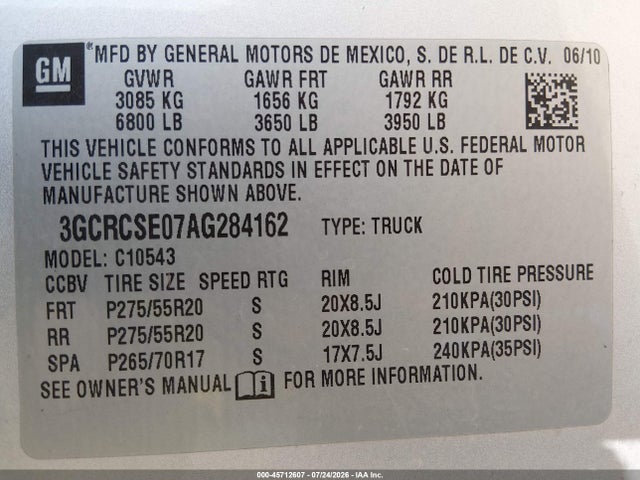 Aukcja sprzedaży 2010 Chevrolet Silverado 1500 Lt, vin: 3GCRCSE07AG284162, numer aukcji: 45712607