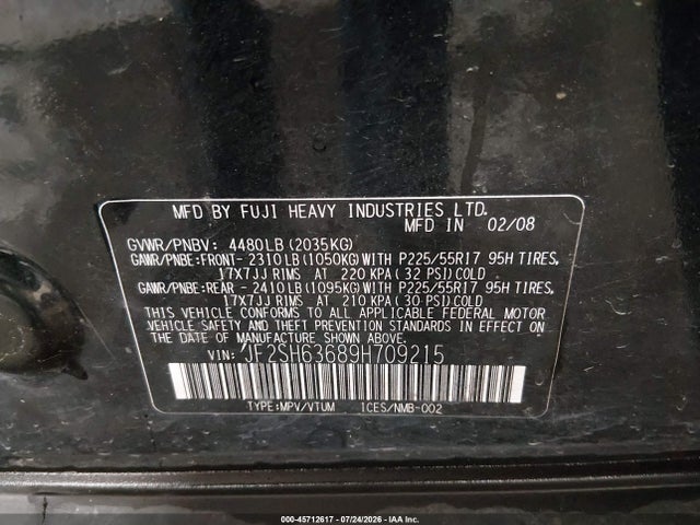 Aukcja sprzedaży 2009 Subaru Forester 2.5x, vin: JF2SH63689H709215, numer aukcji: 45712617