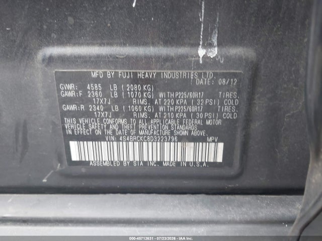 Продажа на аукционе авто 2013 Subaru Outback 2.5i Limited, vin: 4S4BRCKC8D3223796, номер лота: 45712631