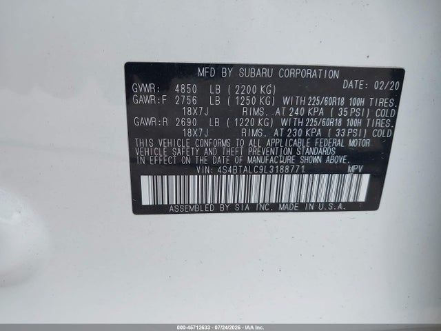 Продажа на аукционе авто 2020 Subaru Outback Limited, vin: 4S4BTALC9L3188771, номер лота: 45712633