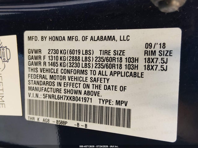5FNRL6H7XKB041971 Honda Odyssey Ex-l