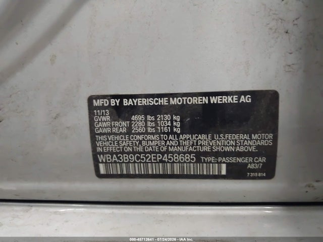 2014 Bmw 335i Xdrive მანქანა იყიდება აუქციონზე, vin: WBA3B9C52EP458685, აუქციონის ნომერი: 45712641
