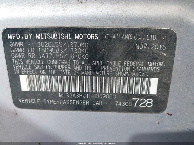 Продажа на аукционе авто 2015 Mitsubishi Mirage De, vin: ML32A3HJ1FH059060, номер лота: 45712651