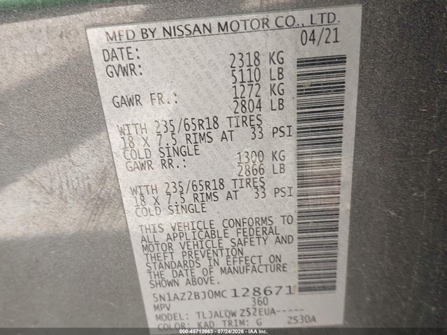 45712663 :رقم المزاد ، 5N1AZ2BJ0MC128671 vin ، 2021 Nissan Murano Sv Fwd مزاد بيع