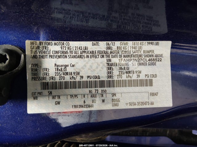 2012 Ford Focus Titanium მანქანა იყიდება აუქციონზე, vin: 1FAHP3N27CL468522, აუქციონის ნომერი: 45712681