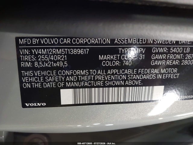 45712685 :رقم المزاد ، YV4M12RM5T1389617 vin ، 2026 Volvo Xc60 B5 Ultra مزاد بيع