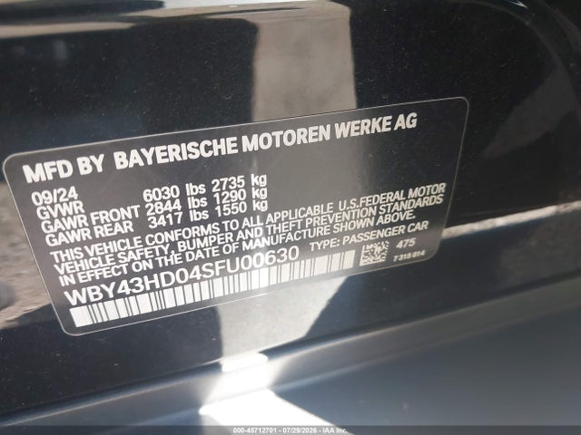 Продаж на аукціоні авто 2025 Bmw I4 Gran Coupe Xdrive40, vin: WBY43HD04SFU00630, номер лоту: 45712701