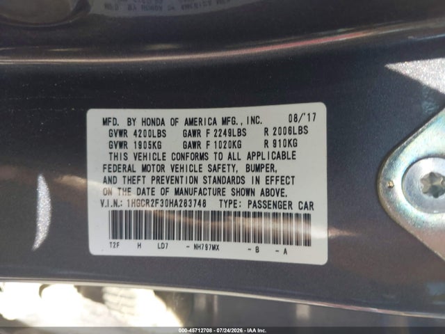 Honda ACCORD LX 2017 1HGCR2F30HA283748 Image 9