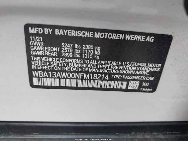 2022 Bmw M440i Gran Coupe Xdrive მანქანა იყიდება აუქციონზე, vin: WBA13AW00NFM18214, აუქციონის ნომერი: 45712711