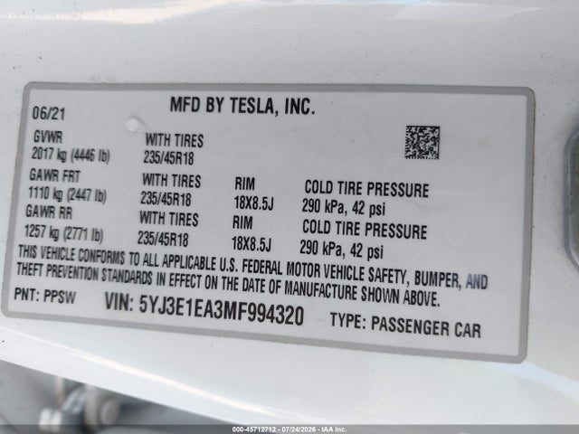 Tesla Model 3 Standard Range Plus Rear-wheel Drive 2021 5YJ3E1EA3MF994320 Image 9