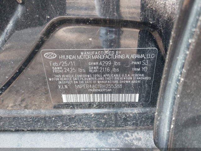 Продажа на аукционе авто 2011 Hyundai Sonata Gls, vin: 5NPEB4AC1BH255388, номер лота: 45712725