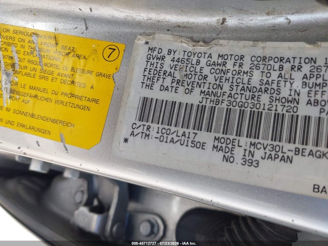 Aukcja sprzedaży 2003 Lexus Es 300, vin: JTHBF30G030121720, numer aukcji: 45712727