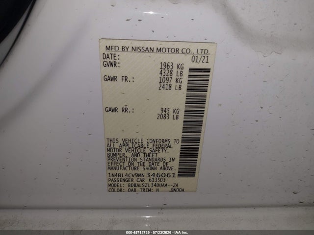 2021 Nissan Altima Sr Fwd მანქანა იყიდება აუქციონზე, vin: 1N4BL4CV9MN346061, აუქციონის ნომერი: 45712739