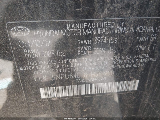 2020 Hyundai Elantra Sel მანქანა იყიდება აუქციონზე, vin: 5NPD84LF8LH551950, აუქციონის ნომერი: 45712741