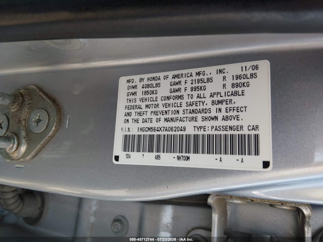 Продаж на аукціоні авто 2007 Honda Accord 2.4 Lx, vin: 1HGCM564X7A062049, номер лоту: 45712744