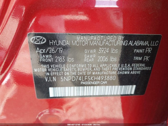 45712745 :رقم المزاد ، 5NPD74LF5KH493880 vin ، 2019 Hyundai Elantra Se مزاد بيع