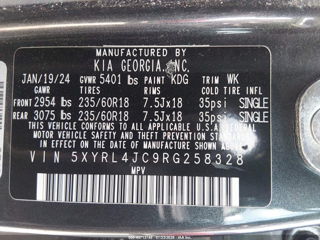 Aukcja sprzedaży 2024 Kia Sorento S, vin: 5XYRL4JC9RG258328, numer aukcji: 45712748