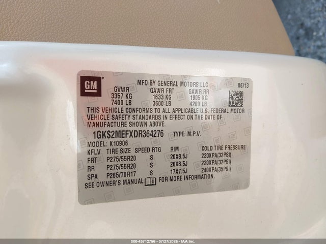 Aukcja sprzedaży 2013 Gmc Yukon Xl 1500 Denali, vin: 1GKS2MEFXDR364276, numer aukcji: 45712756
