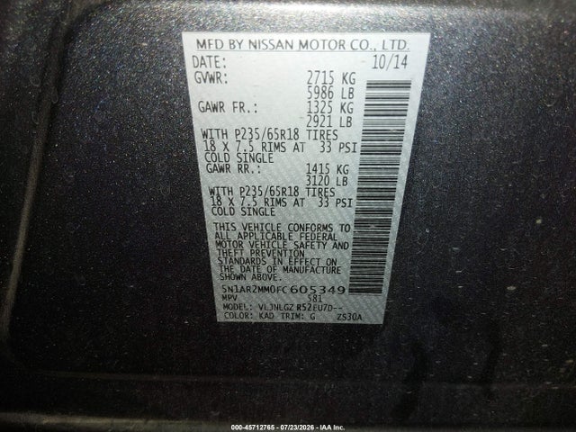 Nissan Pathfinder Sl 2015 5N1AR2MM0FC605349 Image 9