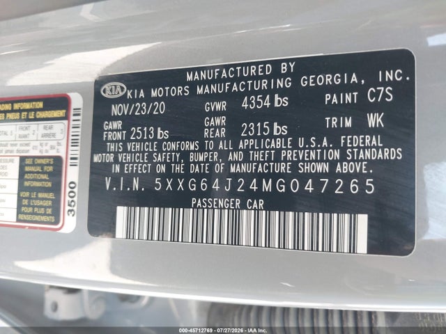 Aukcja sprzedaży 2021 Kia K5 Gt-line, vin: 5XXG64J24MG047265, numer aukcji: 45712769
