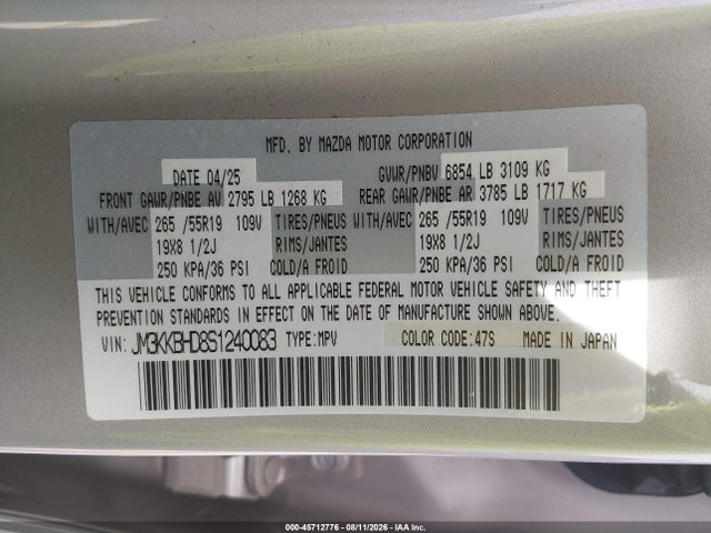 Aukcja sprzedaży 2025 Mazda Cx-90 3.3 Turbo Preferred Package, vin: JM3KKBHD8S1240083, numer aukcji: 45712776