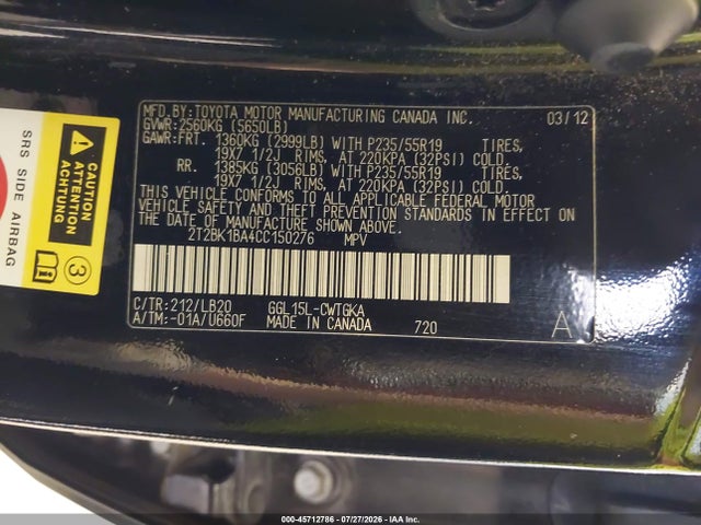 Продаж на аукціоні авто 2012 Lexus Rx 350, vin: 2T2BK1BA4CC150276, номер лоту: 45712786