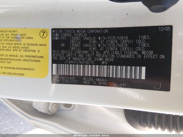 Aukcja sprzedaży 2006 Lexus Rx 330, vin: JTJHA31U760104770, numer aukcji: 45712789