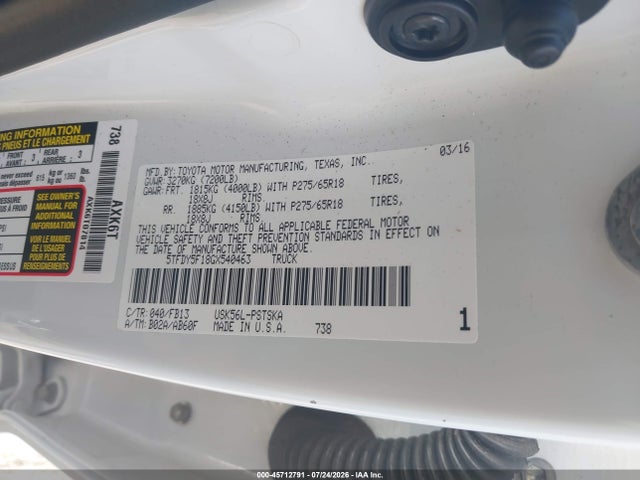 Продаж на аукціоні авто 2016 Toyota Tundra Sr5 5.7l V8, vin: 5TFDY5F18GX540463, номер лоту: 45712791