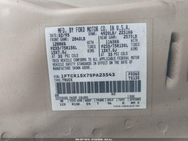 Aukcja sprzedaży 1995 Ford Ranger Super Cab, vin: 1FTCR15X7SPA23543, numer aukcji: 45712810