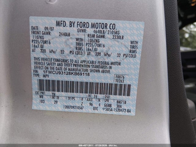 Продажа на аукционе авто 2008 Ford Escape Xlt, vin: 1FMCU93128KB69118, номер лота: 45712811