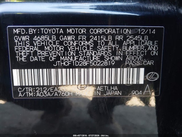 Продажа на аукционе авто 2015 Lexus Is 250, vin: JTHCF1D28F5022819, номер лота: 45712816