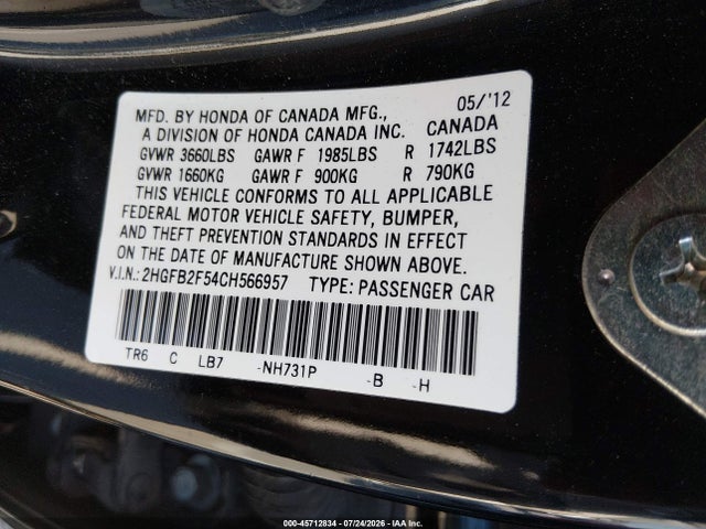 Aukcja sprzedaży 2012 Honda Civic Lx, vin: 2HGFB2F54CH566957, numer aukcji: 45712834