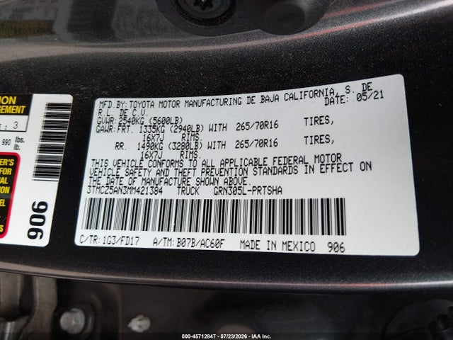 45712847 :رقم المزاد ، 3TMCZ5AN3MM421384 vin ، 2021 Toyota Tacoma Trd Off-road مزاد بيع