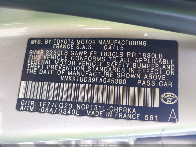 VNKKTUD39FA045380 Toyota YARIS L