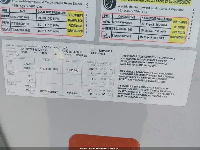 45712889 :رقم المزاد ، 5ZT3CTXB5L1215173 vin ، 2020 Cherokee Other مزاد بيع