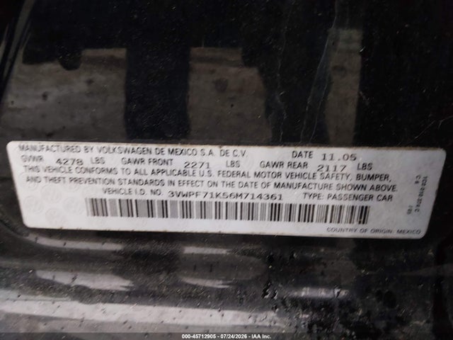 Продаж на аукціоні авто 2006 Volkswagen Jetta Value Edition, vin: 3VWPF71K56M714361, номер лоту: 45712905