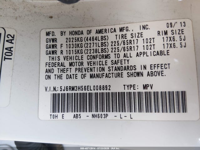 Honda CR-V EX 2014 5J6RM3H56EL008892 Image 9
