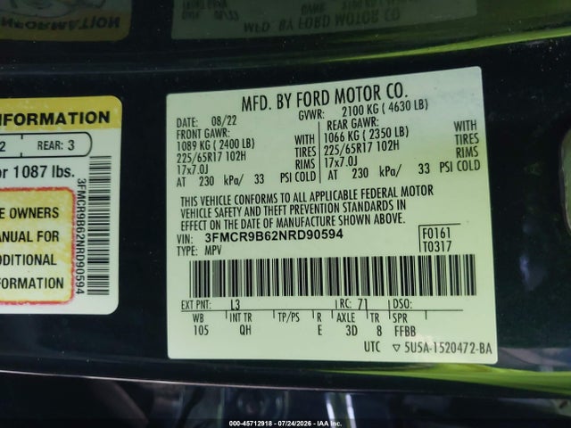 Auction sale of the 2022 Ford Bronco Sport Big Bend, vin: 3FMCR9B62NRD90594, lot number: 45712918