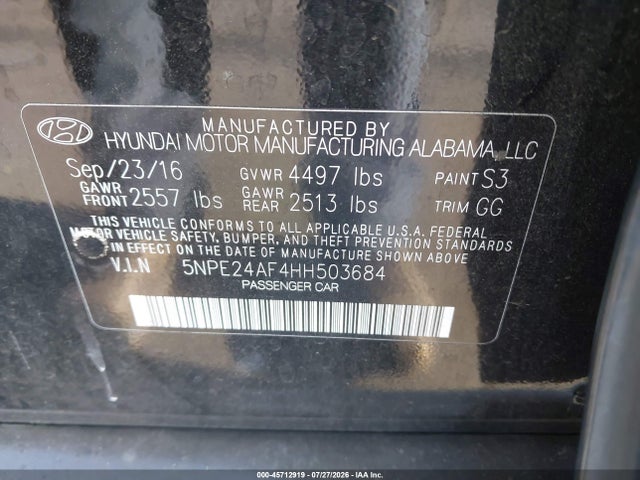Hyundai Sonata 2017 5NPE24AF4HH503684 Image 9