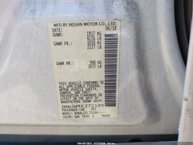 Продажа на аукционе авто 2018 Nissan Altima 2.5 Sv, vin: 1N4AL3AP9JC275199, номер лота: 45712921